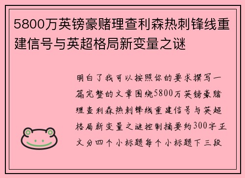 5800万英镑豪赌理查利森热刺锋线重建信号与英超格局新变量之谜