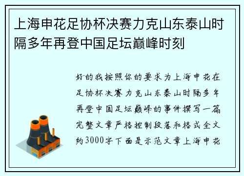 上海申花足协杯决赛力克山东泰山时隔多年再登中国足坛巅峰时刻