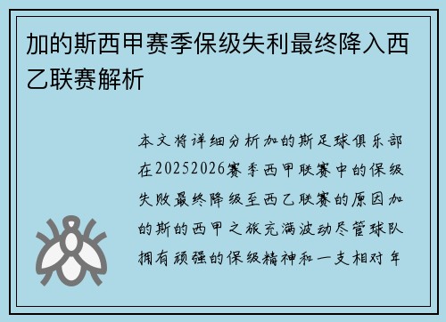 加的斯西甲赛季保级失利最终降入西乙联赛解析