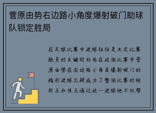 菅原由势右边路小角度爆射破门助球队锁定胜局 菅原由势右边路小角度爆射破门助球队锁定胜局