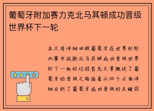 葡萄牙附加赛力克北马其顿成功晋级世界杯下一轮